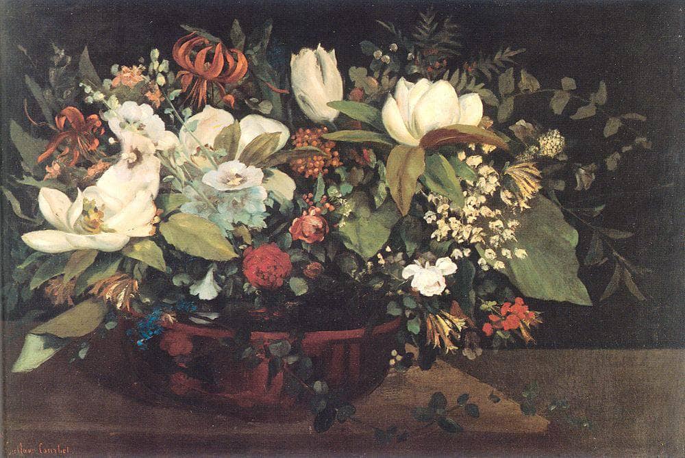Basket of Flowers by Gustave Courbet — hand-painted botanical oil painting reproduction on canvas