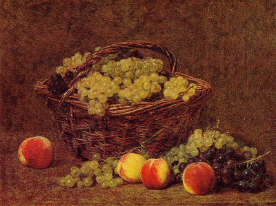 Basket of White Grapes and Peaches in dining room
