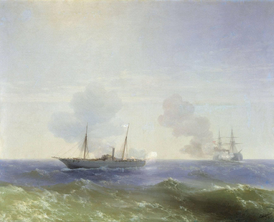 Battle of steamship Vesta and Turkish ironclad by Ivan Aivazovsky — hand-painted landscape oil painting reproduction on canvas