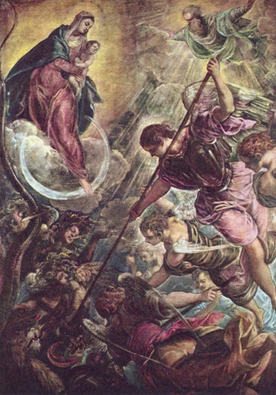 Battle of the Archangel Michael and the Satan in modern living room