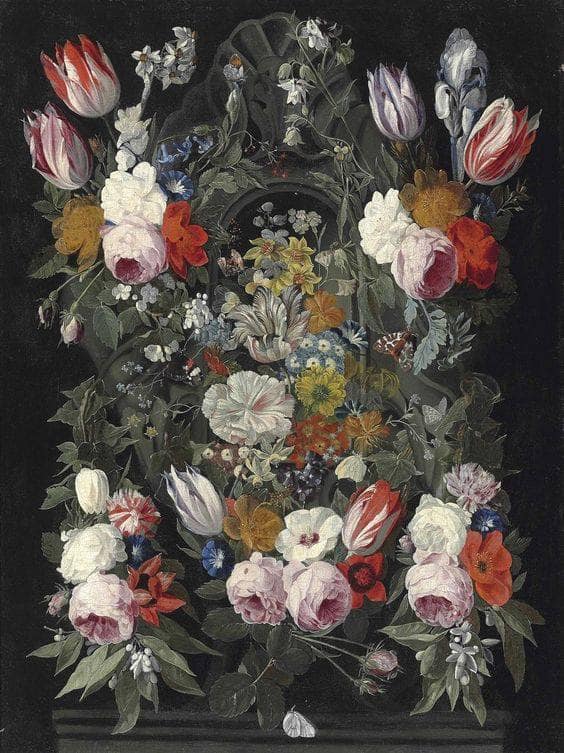 Flowers and Butterflies in Front of a Sculpted Cartouche