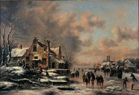 A winter landscape with figures skating on a frozen river