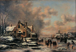 A winter landscape with figures skating on a frozen river - Klaes Molenaer