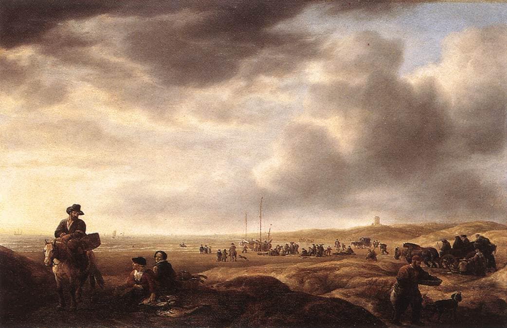 Beach near Scheveningen with Fish Sellers by Simon de Vlieger — hand-painted landscape oil painting reproduction on canvas