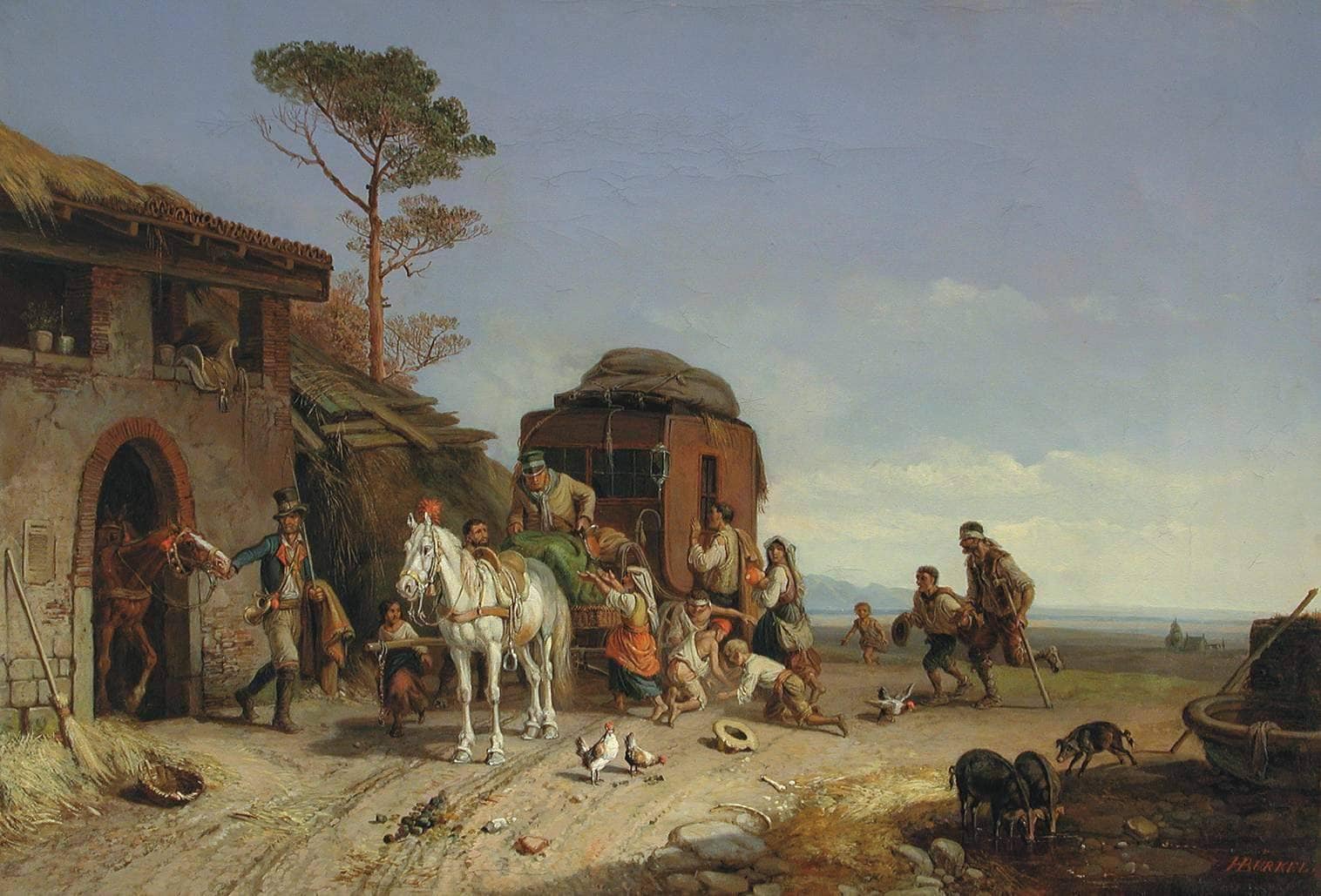 Beggars ambush a stagecoach in front of a post office in the Pontine Marshes