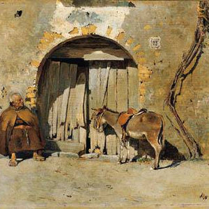 Begging monk with donkey by Vincenzo Caprile — Oil Painting Reproduction