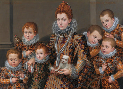 Bianca degli Utili Maselli, holding a dog and surrounded by six of her children in modern living room