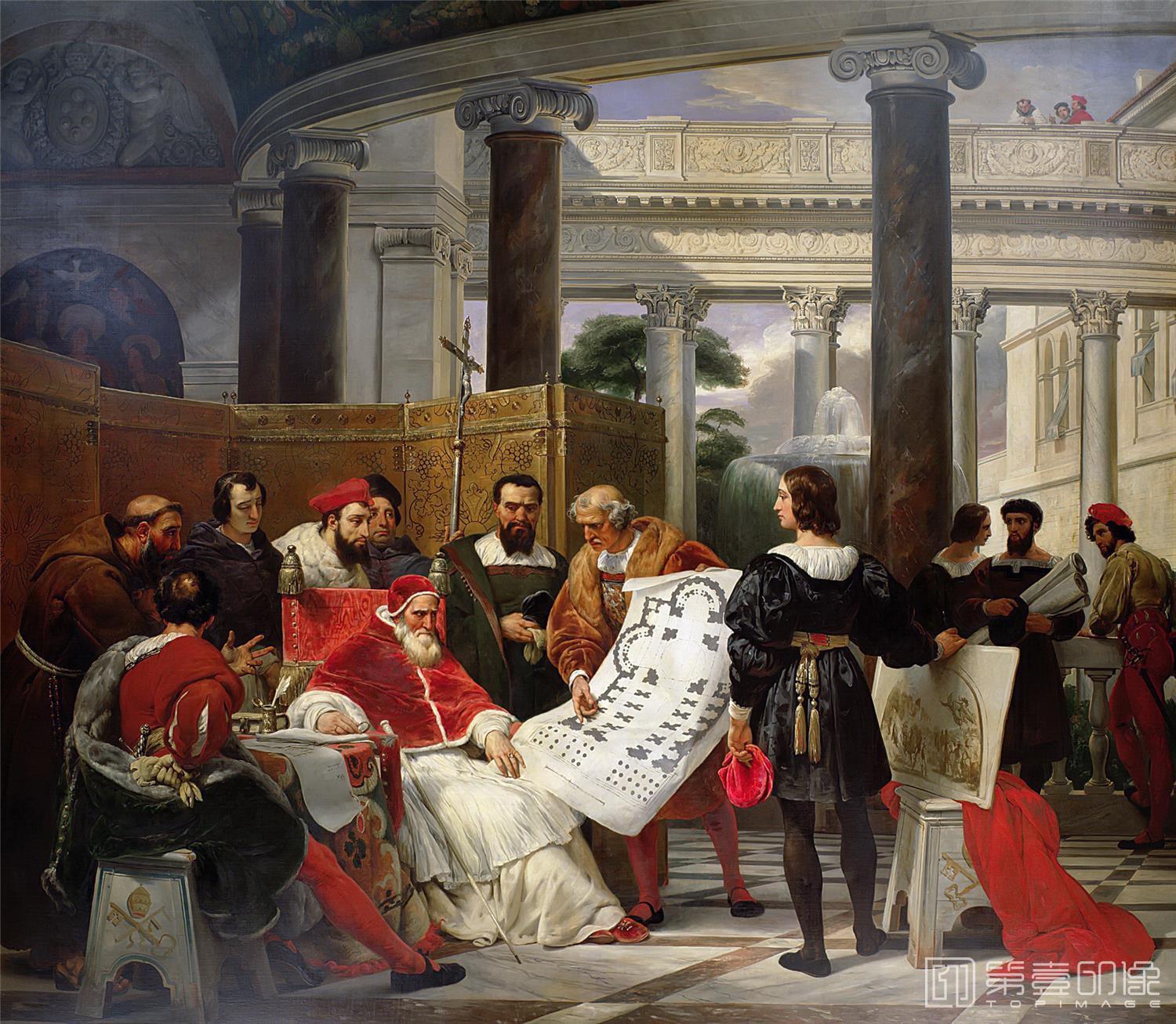 Pope Julius II ordering Bramante, Michelangelo and Raphael to construct the Vatican and St. Peter's - Horace Vernet