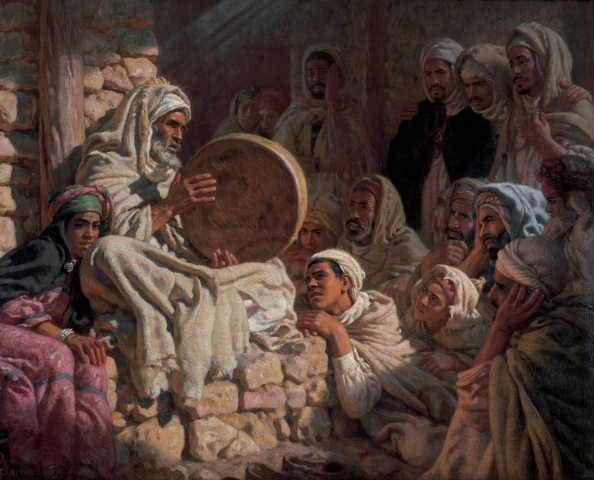Blind meddah singing the epic of the prophet or the Arab storyteller