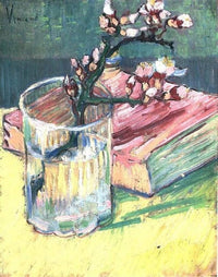 Blossoming Almond Branch in a Glass with a Book by Vincent van Gogh — hand-painted botanical oil painting reproduction on canvas