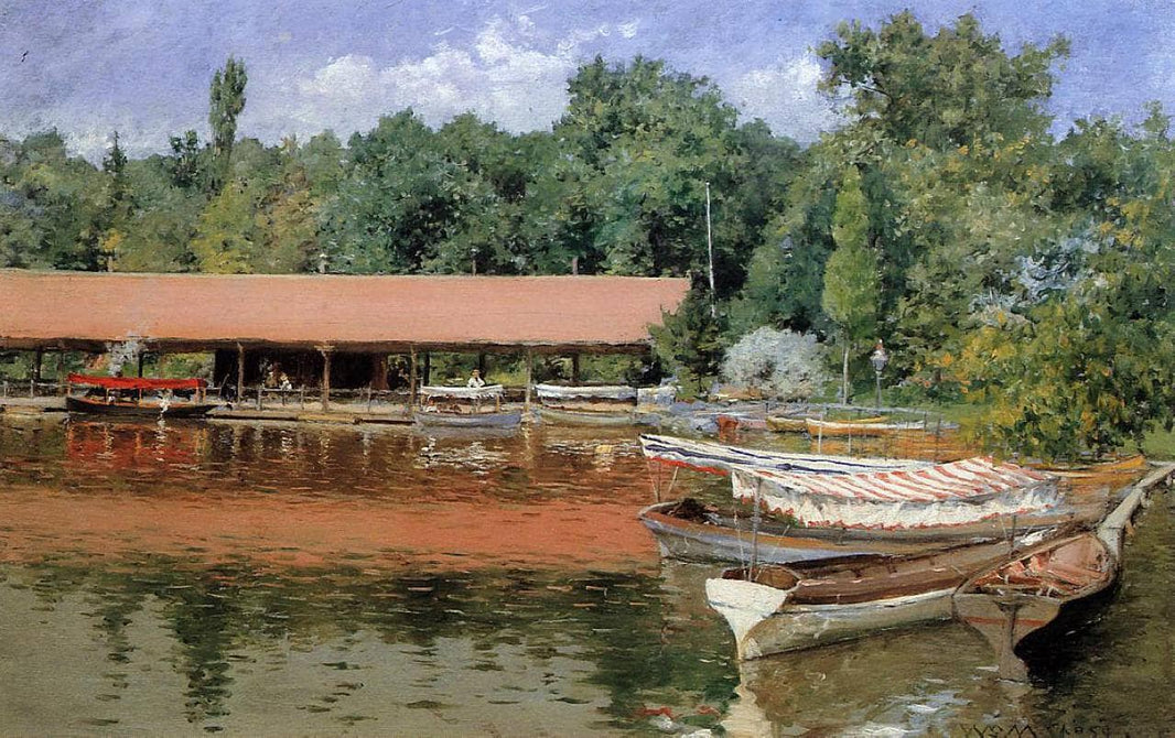 Boat House, Prospect Park (aka Boats on the Lake, Prospect Park) by William Merritt Chase — hand-painted architectural oil painting reproduction on canvas