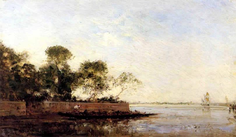 Boat in the lagoon by Michele Cammarano — hand-painted landscape oil painting reproduction on canvas