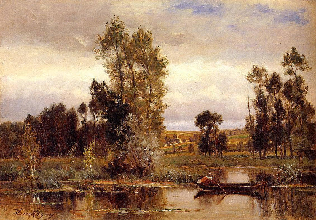Boat on a Pond by Charles-Francois Daubigny — hand-painted botanical oil painting reproduction on canvas