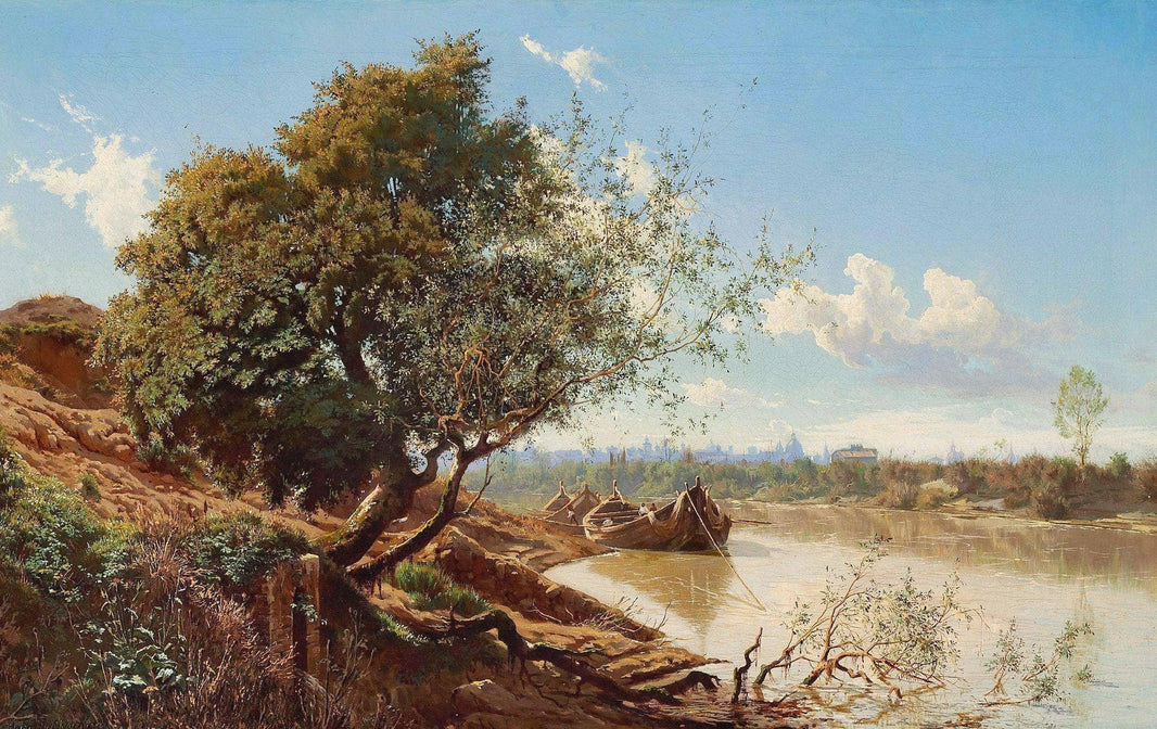 Boats anchored on the Tiber River. In the background the roofs of Rome by Harald Jerichau — hand-painted landscape oil painting reproduction on canvas