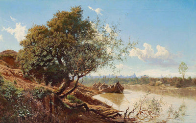 Boats anchored on the Tiber River. In the background the roofs of Rome in home office