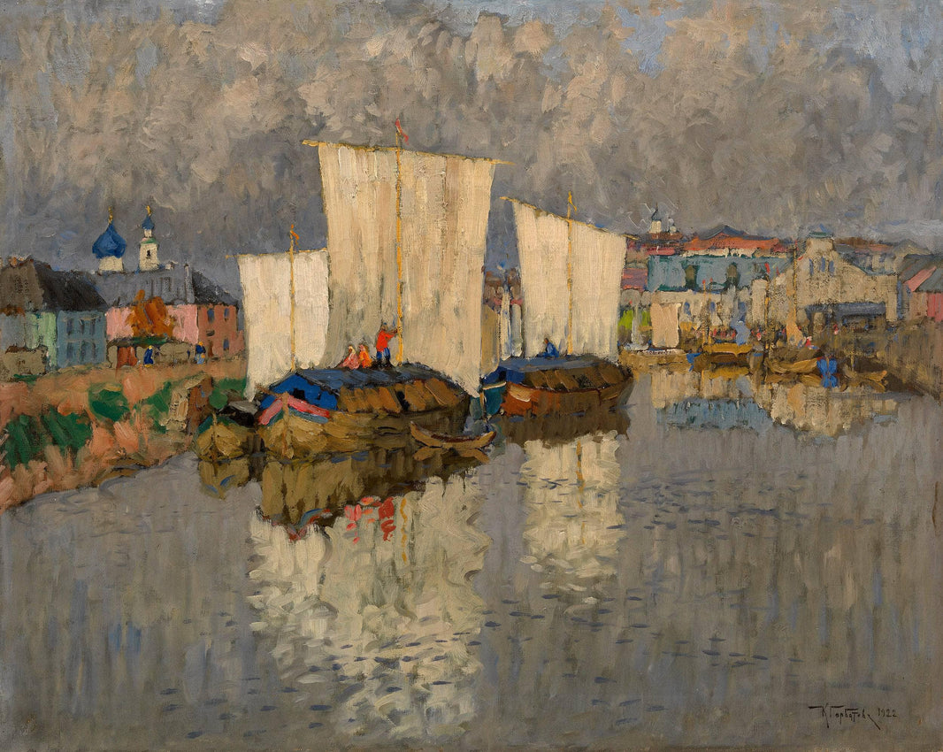 Boats by the River Bank by Konstantin Gorbatov — hand-painted landscape oil painting reproduction on canvas