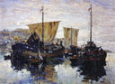 Boats in Veliky Novgorod by Konstantin Gorbatov — ships oil painting wall art, Post Impressionism