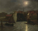 Boats on a Canal, Moonlight by Andreas Achenbach — hand-painted landscape oil painting reproduction on canvas