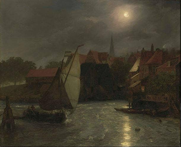 Boats on a Canal, Moonlight by Andreas Achenbach — hand-painted landscape oil painting reproduction on canvas