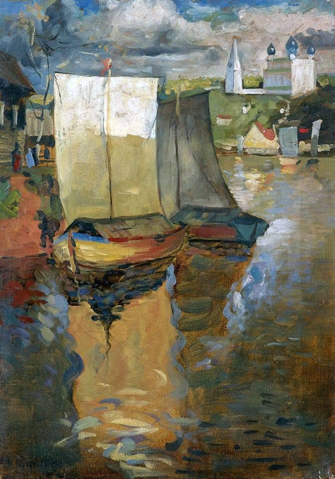 Boats on Calm Waters by Konstantin Gorbatov — hand-painted impressionism oil painting reproduction on canvas