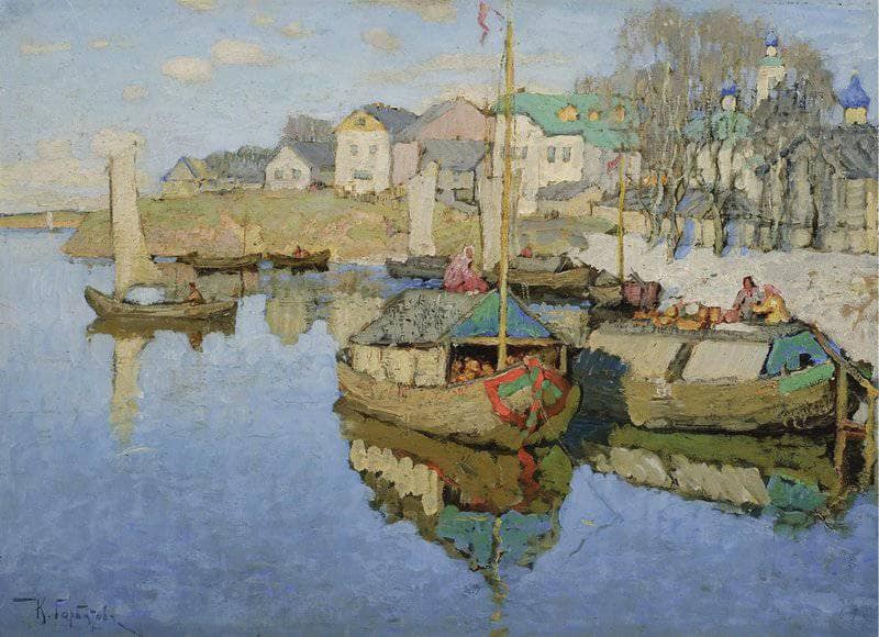 Boats on the River by Konstantin Gorbatov — hand-painted landscape oil painting reproduction on canvas