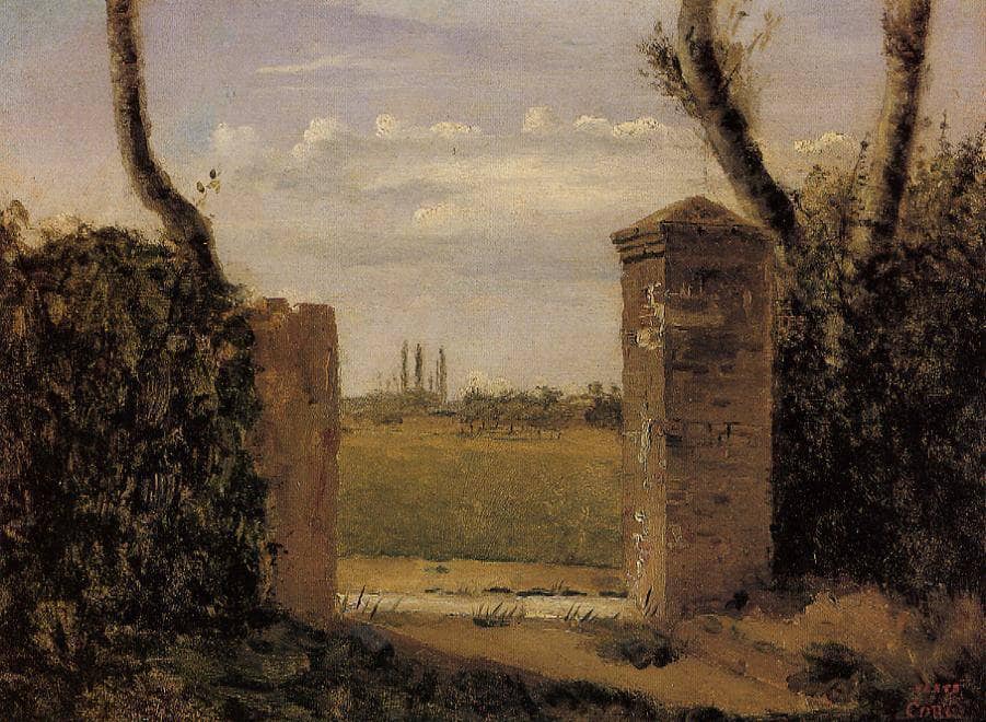 Boid-Guillaumi, near Rouen. A Gate Flanked by Two Posts by Camille Corot — hand-painted botanical oil painting reproduction on canvas