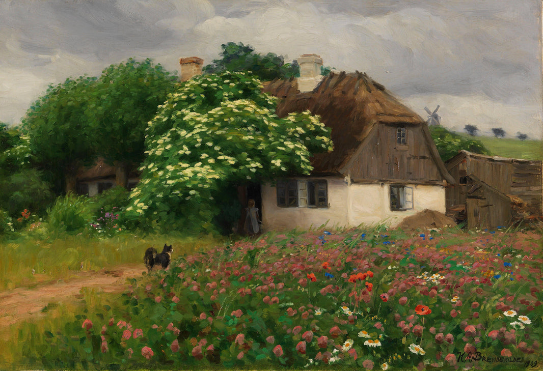 Bondehus med eng blomster by Hans Andersen Brendekilde — hand-painted botanical oil painting reproduction on canvas