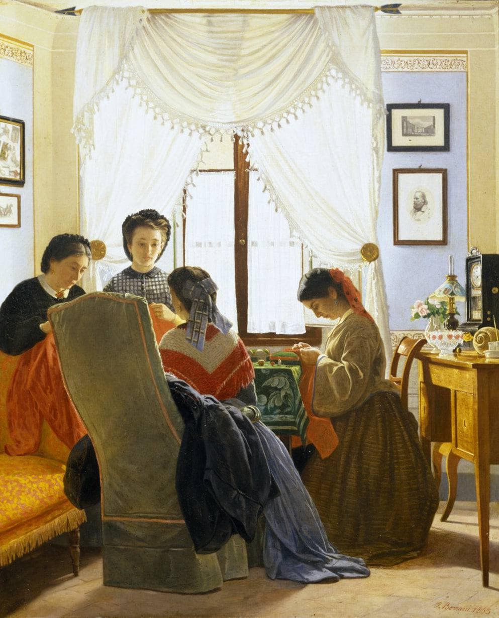 Stitchers of red shirts by Odoardo Borrani — hand-painted portrait oil painting reproduction on canvas