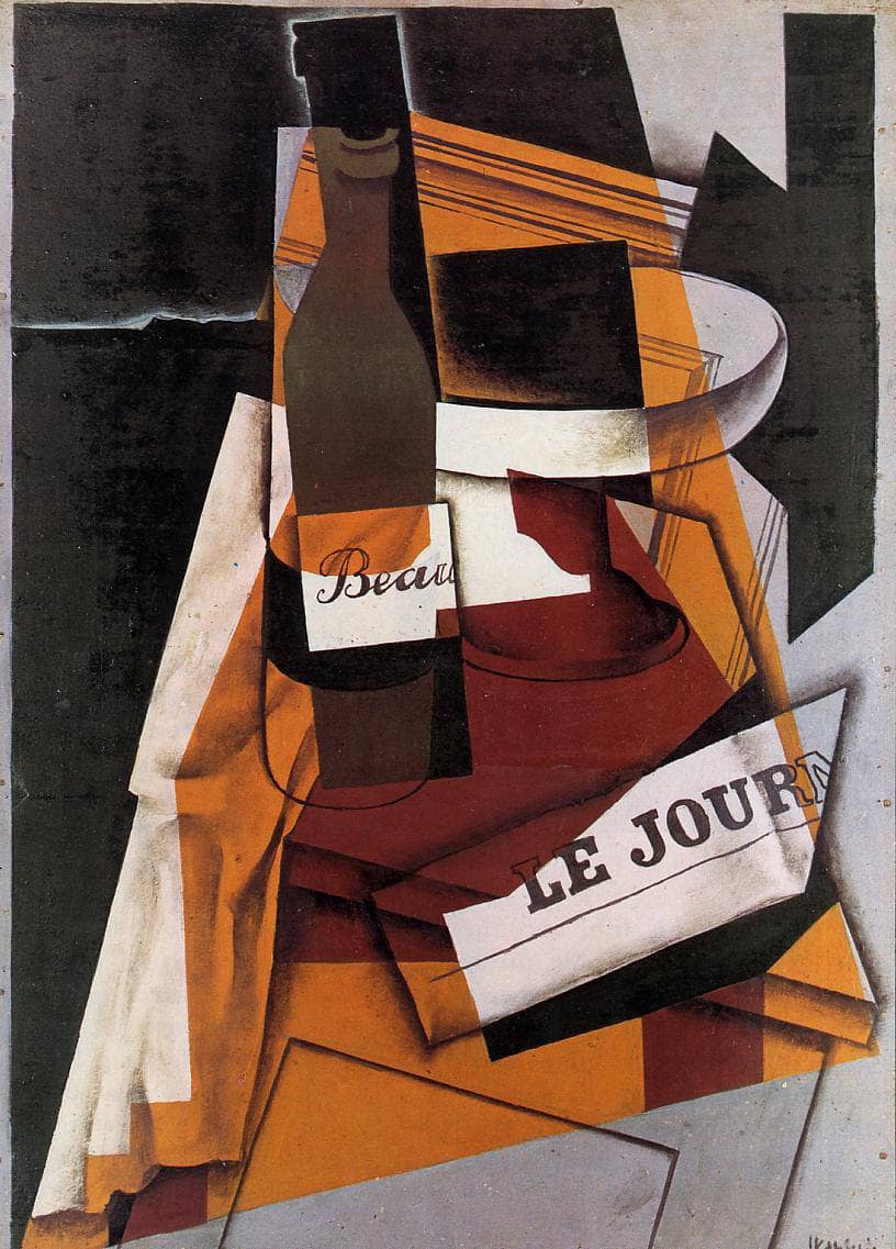 Bottle, Newspaper and Fruit Bowl by Juan Gris — hand-painted abstract oil painting reproduction on canvas