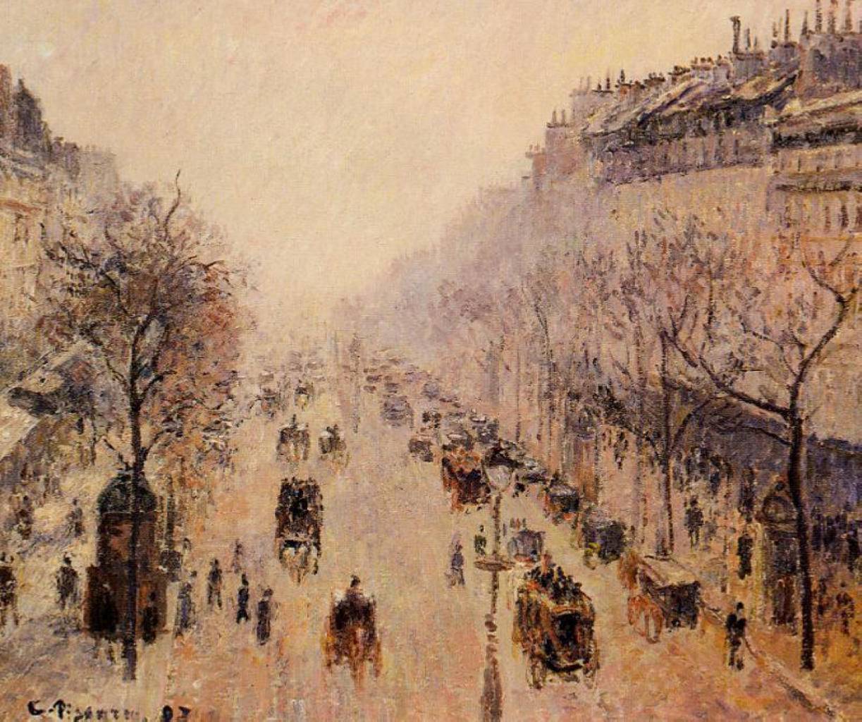 Boulevard Montmartre Morning, Sunlight and Mist - Camille Pissarro