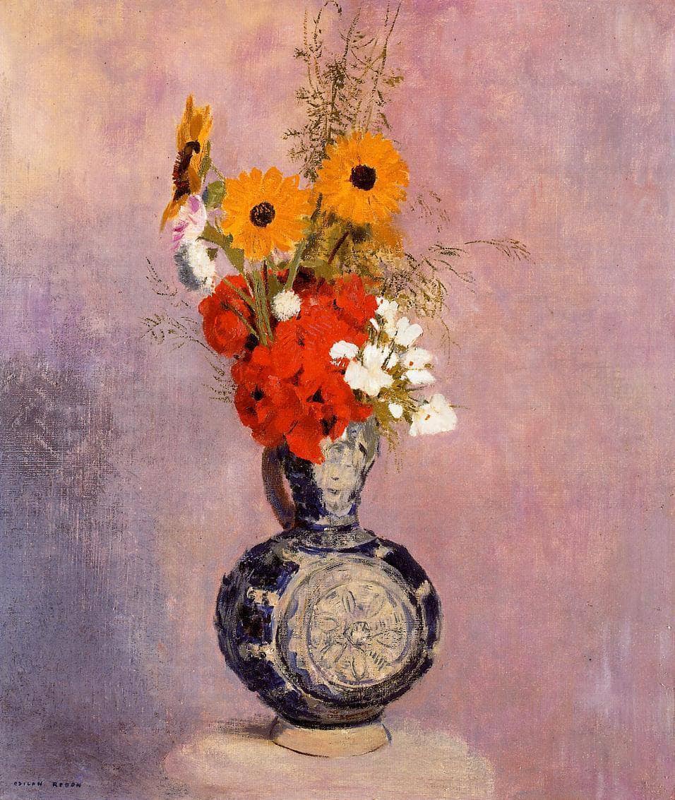 Bouquet of Flowers in a Blue Vase by Odilon Redon — hand-painted botanical oil painting reproduction on canvas