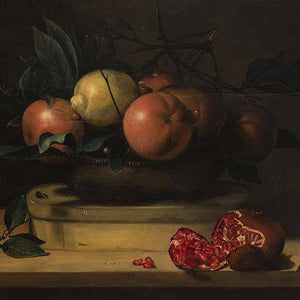 Bowl of Lemons and Oranges on a Box of Wood Shavings and Pomegranates