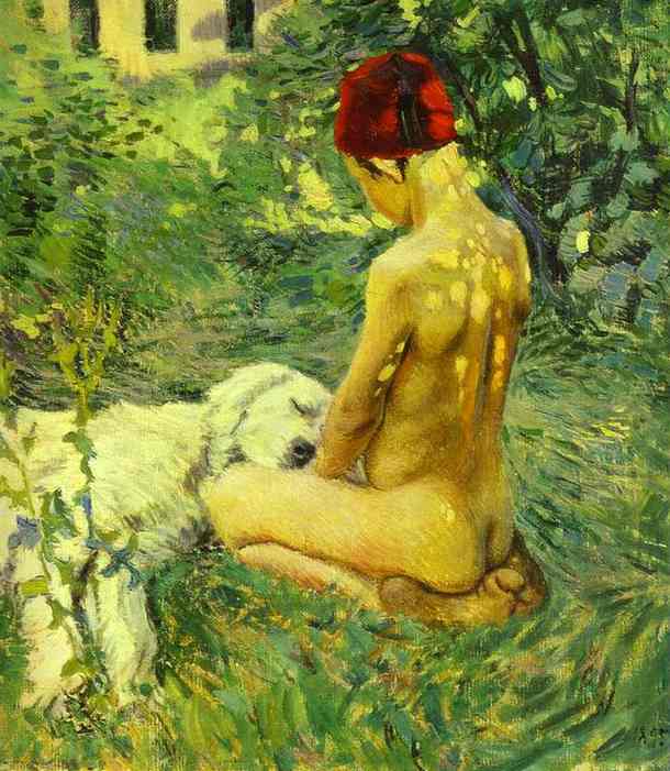 Boy with a Dog by Victor Borisov-Musatov — hand-painted animal oil painting reproduction on canvas