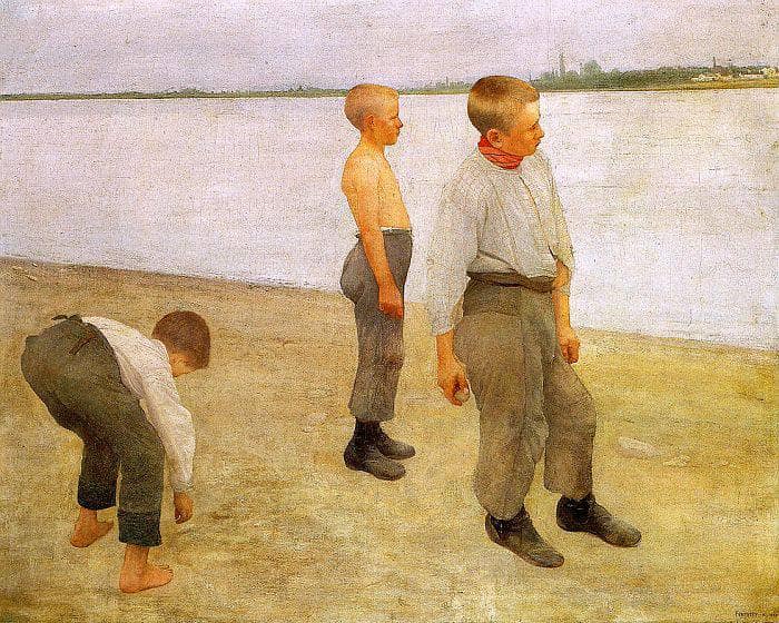 Boys Throwing Pebbles into the River by Karoly Ferenczy — hand-painted portrait oil painting reproduction on canvas