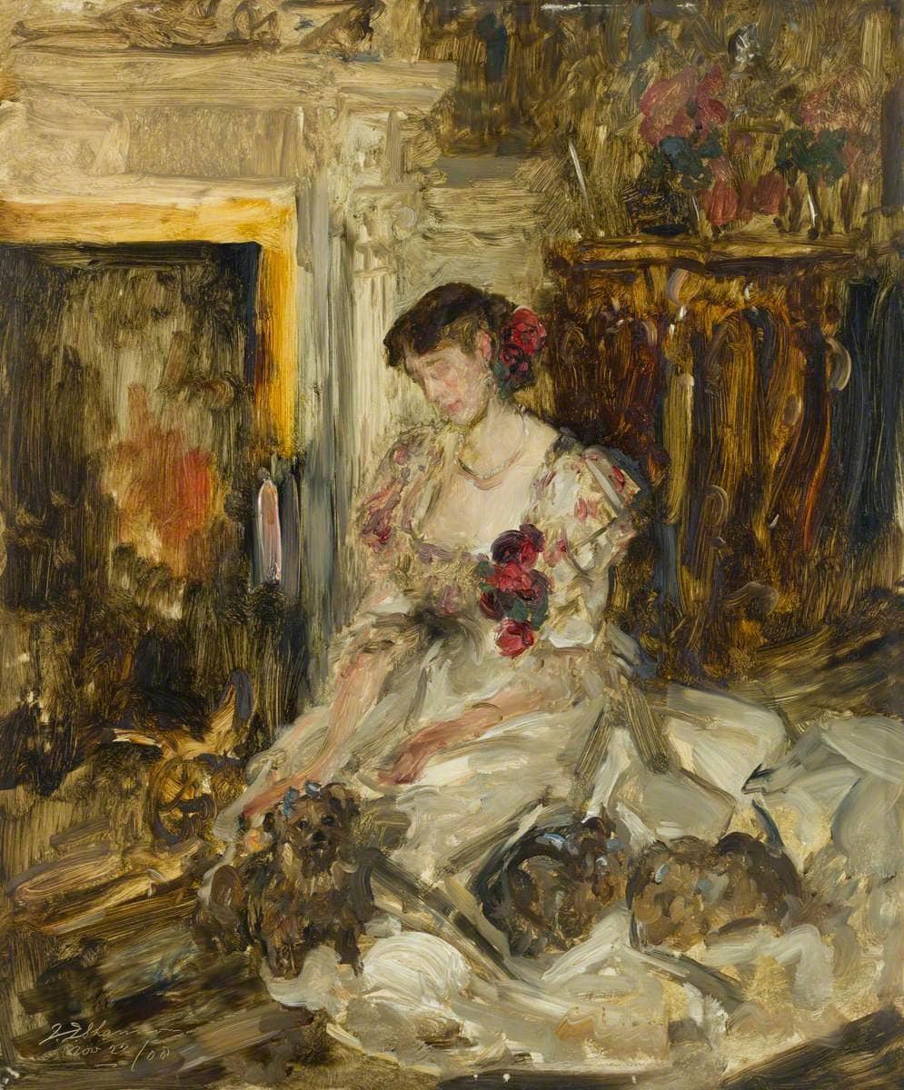 Lady Barber Seated with Yorkshire Terriers in the Music Room at Culham Court by James Jebusa Shannon — hand-painted portrait oil painting reproduction on canvas