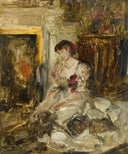 Lady Barber Seated with Yorkshire Terriers in the Music Room at Culham Court by James Jebusa Shannon — female oil painting wall art