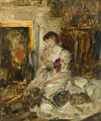 Lady Barber Seated with Yorkshire Terriers in the Music Room at Culham Court