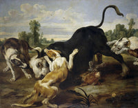Bull subdued by dogs by Paul de Vos — hand-painted animal oil painting reproduction on canvas
