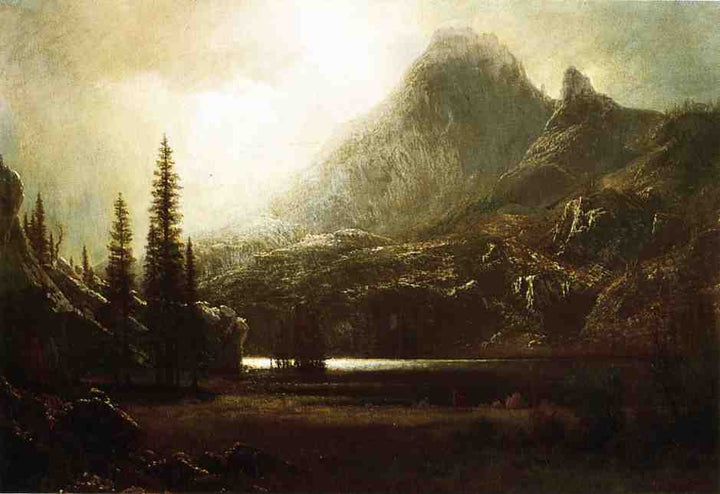 By a Mountain Lake by Albert Bierstadt — hand-painted botanical oil painting reproduction on canvas