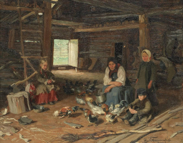 Barn interior with peasants and poultry