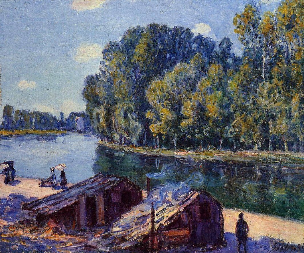 Cabins along the Loing Canal, Sunlight Effect by Alfred Sisley — hand-painted botanical oil painting reproduction on canvas