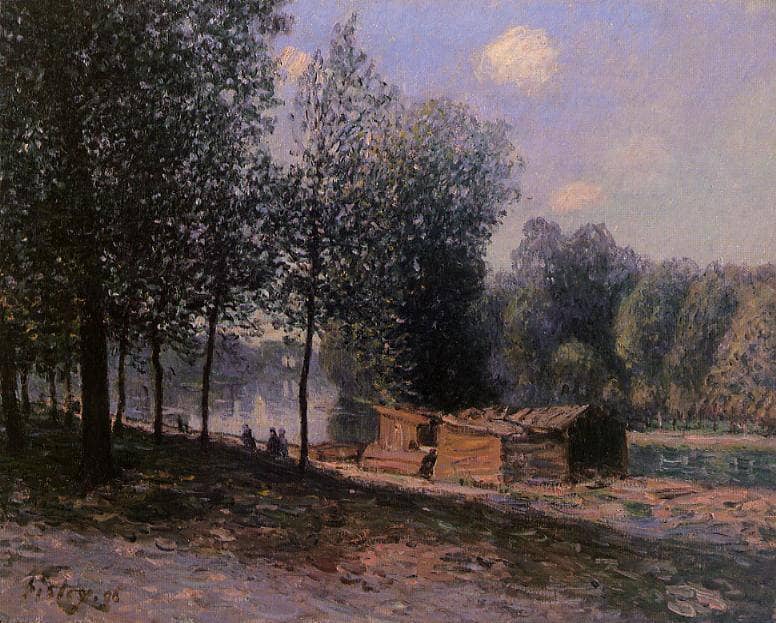 Cabins by the River Loing, Morning by Alfred Sisley — hand-painted botanical oil painting reproduction on canvas