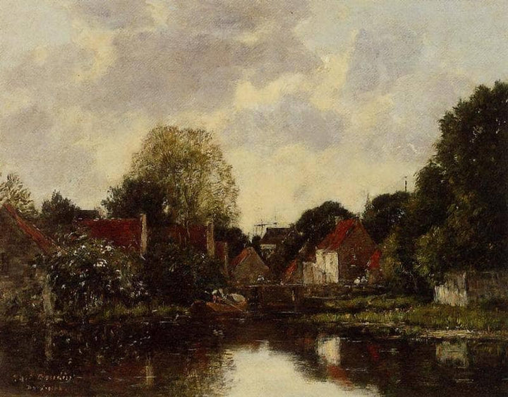 Canel near Dordrecht by Eugene Boudin — hand-painted architectural oil painting reproduction on canvas