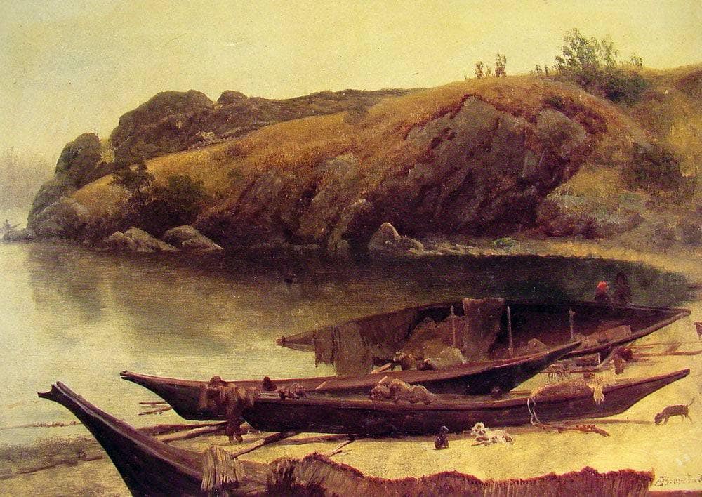 Canoes by Albert Bierstadt — hand-painted landscape oil painting reproduction on canvas