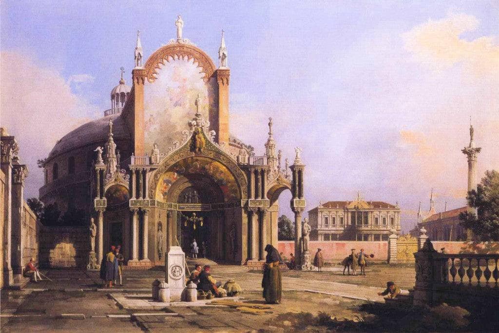 Capriccio of a Round Church with an Elaborate Gothic Portico in a Piazza, a Palladian Piazza and a Gothic Church Beyond by Canaletto — hand-painted architectural oil painting reproduction on canvas