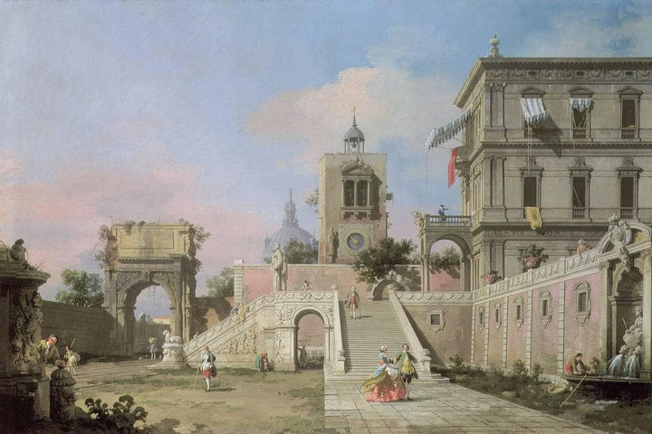 Capriccio of twin flights of steps leading to a palazzo by Canaletto — hand-painted architectural oil painting reproduction on canvas