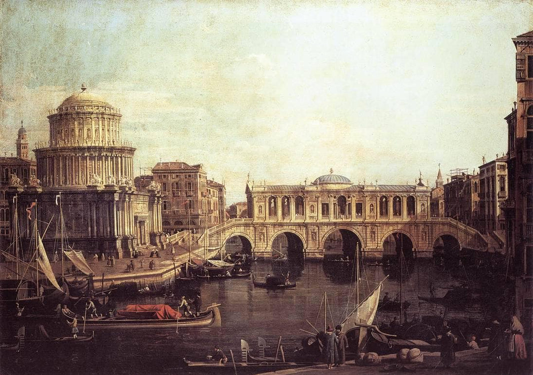 Capriccio: The Grand Canal, with an Imaginary Rialto Bridge and Other Buildings by Canaletto — hand-painted landscape oil painting reproduction on canvas