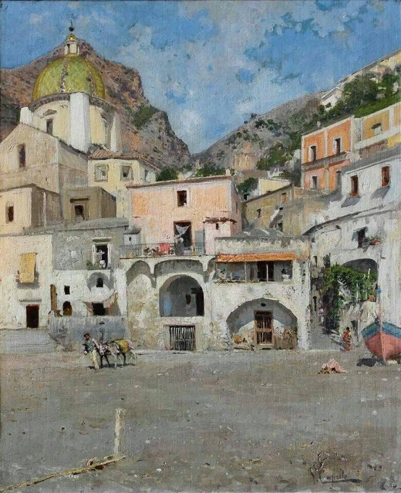The square in Positano by Vincenzo Caprile — hand-painted architectural oil painting reproduction on canvas