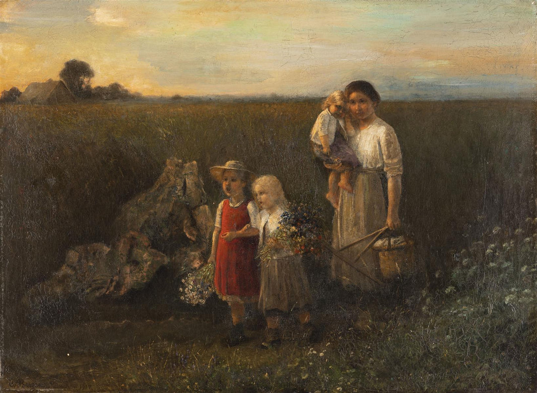 Young peasant woman with her daughters by Carl von Bergen — hand-painted portrait oil painting reproduction on canvas