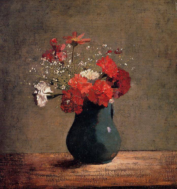 Carnations and baby's breath in a green pitcher - Odilon Redon